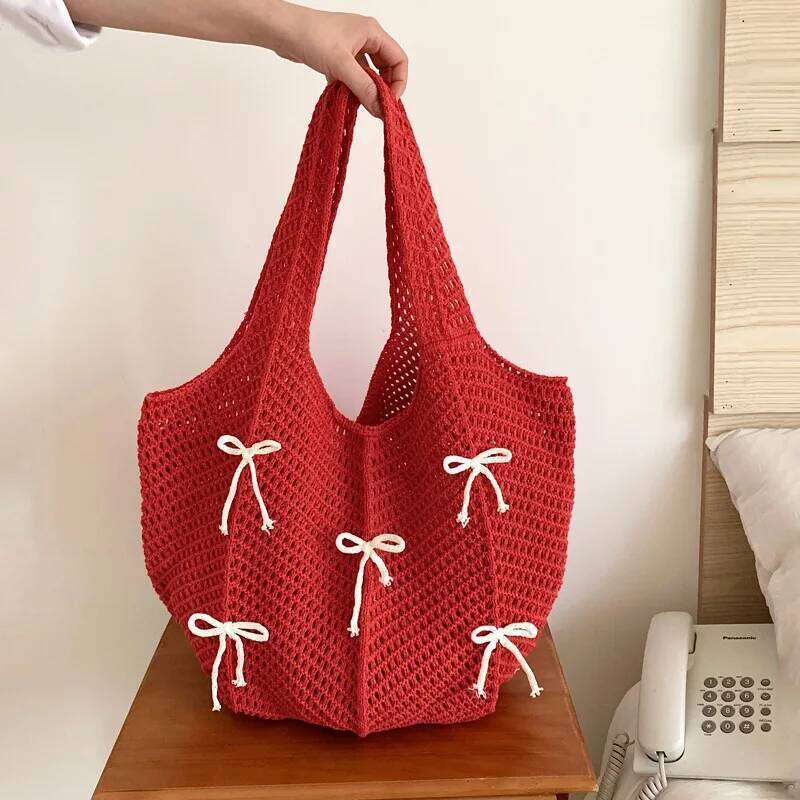 Knitted Bag Bow Vintage Knit High Quality Woven Handbag Large Capacity Daily Wear Shoulder Ladies Hand Bags 2025 Y260205