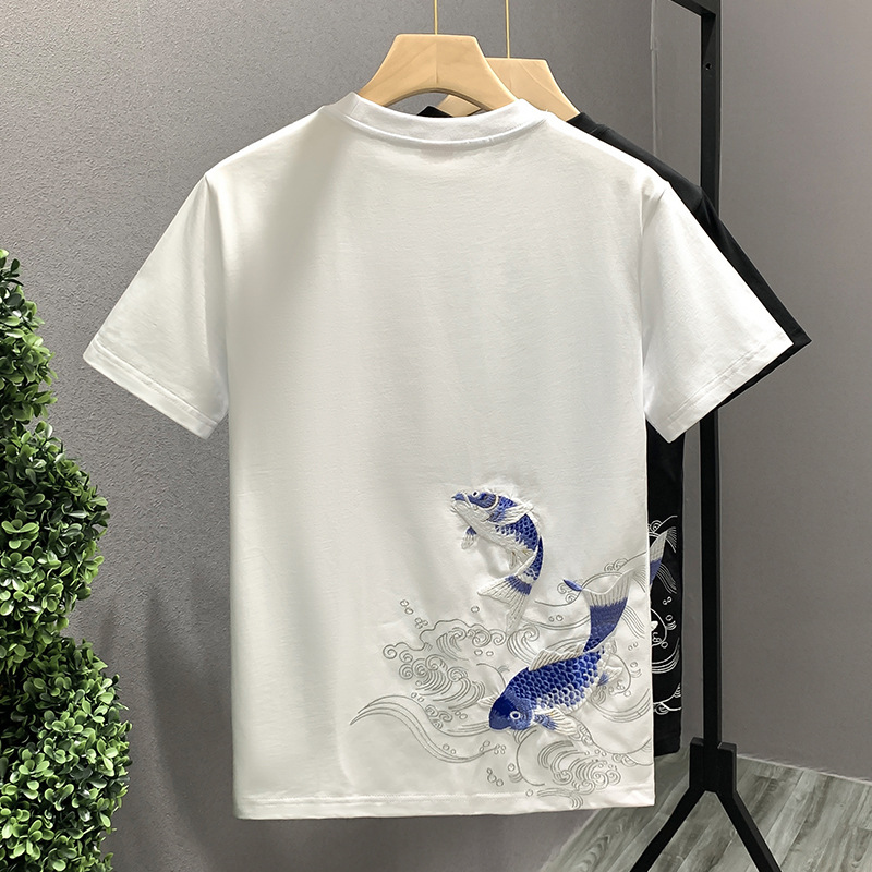 2026 New Chinese style Embroidered Short Sleeve Summer Men's Trendy Round Neck T-shirt Black and White Free Shipping Hot Sale