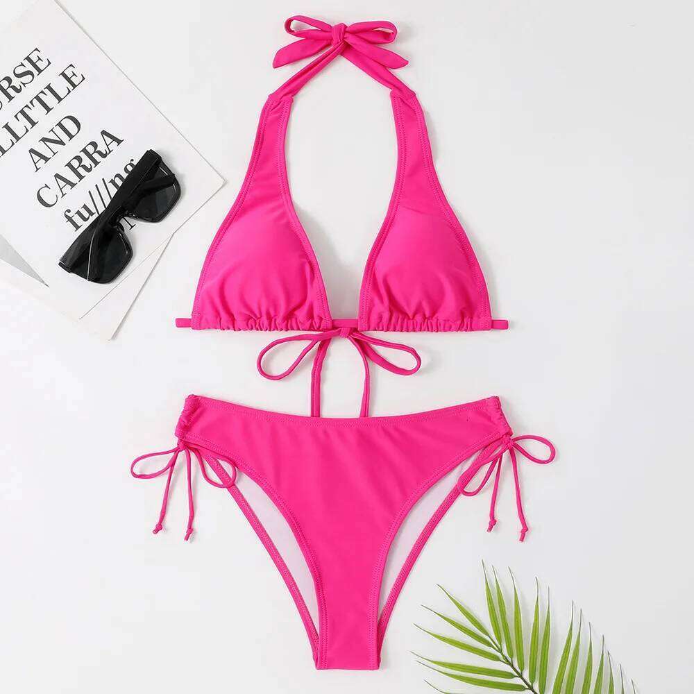 2025 Sexy Halter Bikini Swimsuit Low Waisted Black/Red/Rose Beach Bathing Suit Cheap Bandage Brazilian Swimwear Two Pieces Sale Z260206