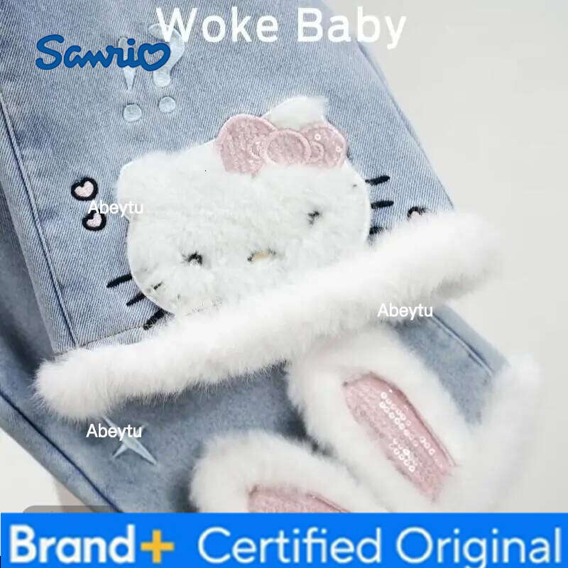 Sanrio Hello Kitty Girls Flared Jeans Fleece Lined Cartoon Pants 2025 New Fashion Casual Baby Kids Winter Trousers Cute Kawaii H260206