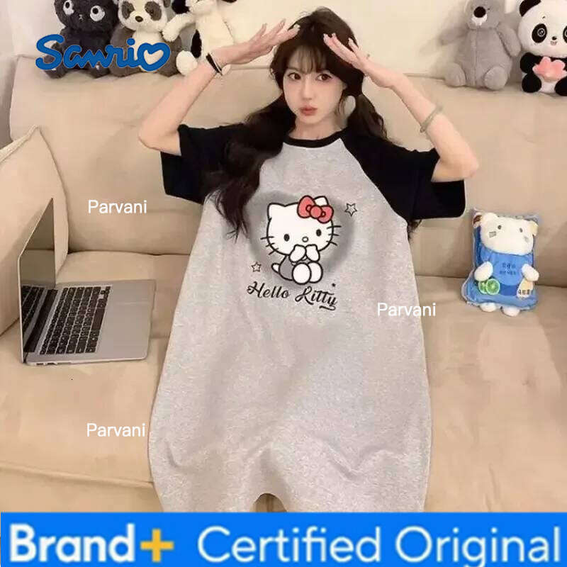 Sanrio Cartoon Hello Kitty Anime Pajama Dress Summer Imitation Cotton Sleep Skirt Comfortable Loose Home Outdoor Clothes Surprise Gifts H260206