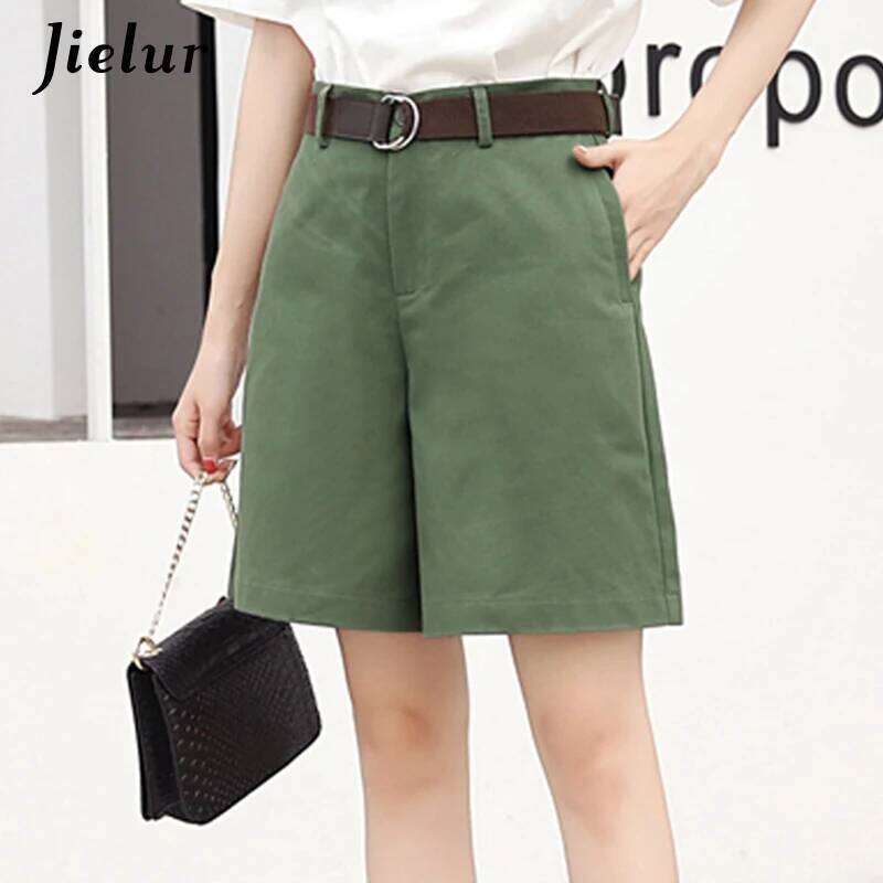 Jielur Korean Fashion Casual Summer Women Loose Wide Leg Pantalon Femme Belt Green White High Waist Shorts Female S-XXL XJ260206