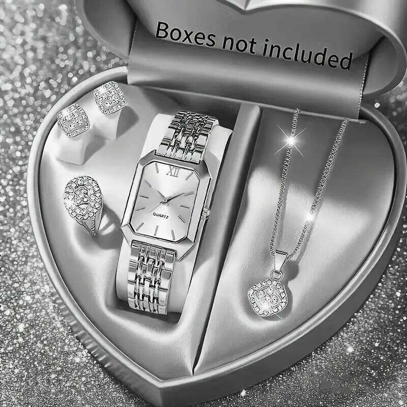 5PCS/Set Elegant Rectangle Women Watches Fashion Roma Dial Ladies Quartz Wristwatch Rhinestone Jewelry SetWithout Box Z260206