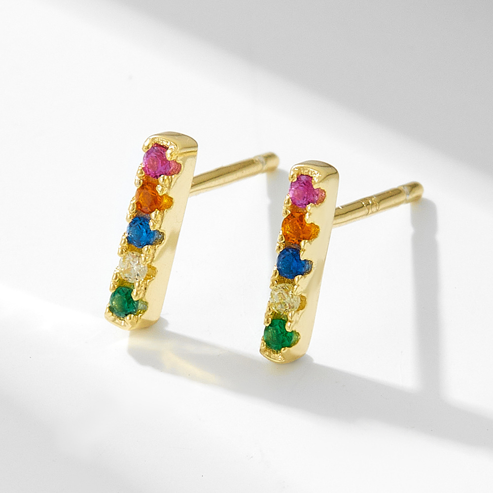 s925 sterling silver linear micro-inlaid colorful zirconia stud style, simple and versatile square bar earrings, small accessories
