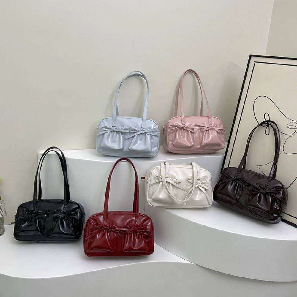 Cute Designer Ribbons Bowling Tote Korean Large Capacity Bow Tie Shoulder Bag Y2k Ballet Pu Leather Women's Handbag Girls Y260205
