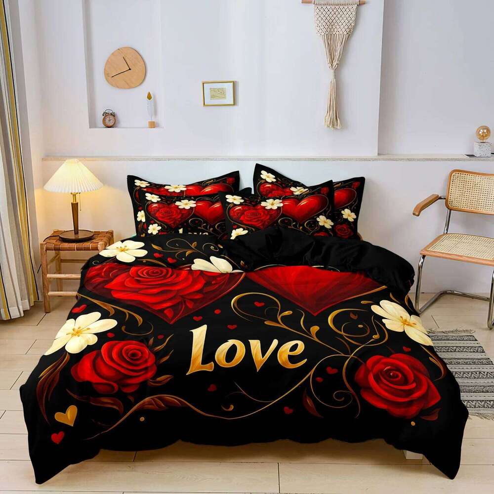 3pcs Romantic Deep Red Love Heart Rose Letter Design Theme Pattern Duvet Cover Set Can Be Used As Holiday Gifts XJ260206