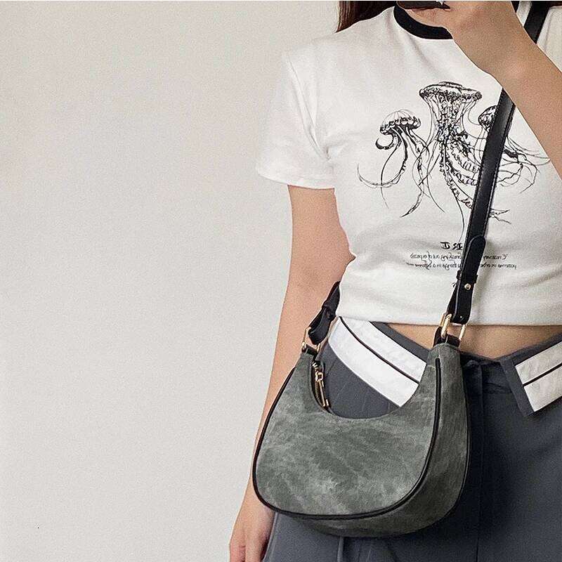 Casual Women Half Moon Underarm Bags Gray PU Leather Hobos Shoulder for Female All Match Ladies Crossbody Bag Purse Handbags Y260205
