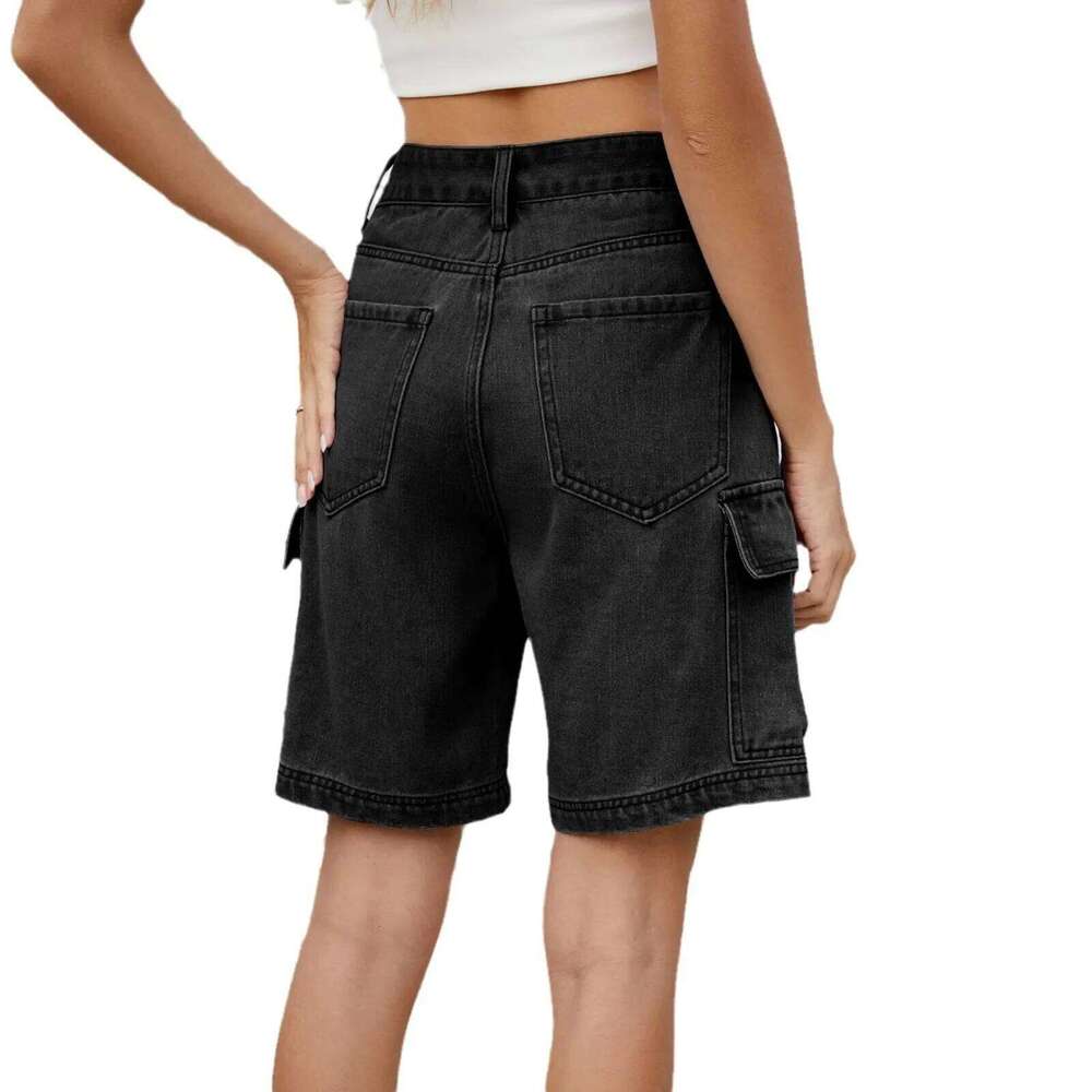 Shorts Cargo Pants Women Jeans Mid Waist Distressed Washed Multiple Pockets Straight Knee Length Streetwear Denim Short Trousers C260206