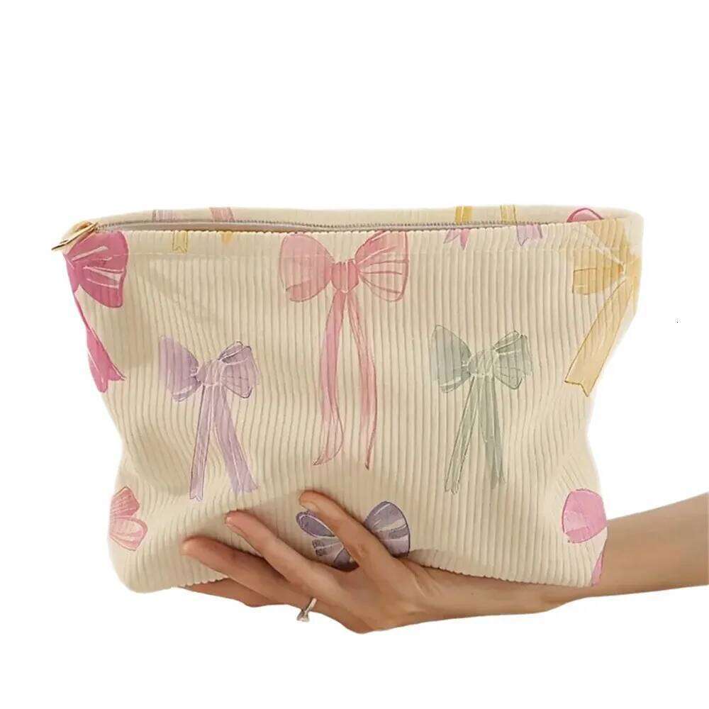 Large Bow Printed Corduroy Korean Women Zipper Makeup Storage Box Multifunctional Travel Cosmetic Organizer Bag Y260206