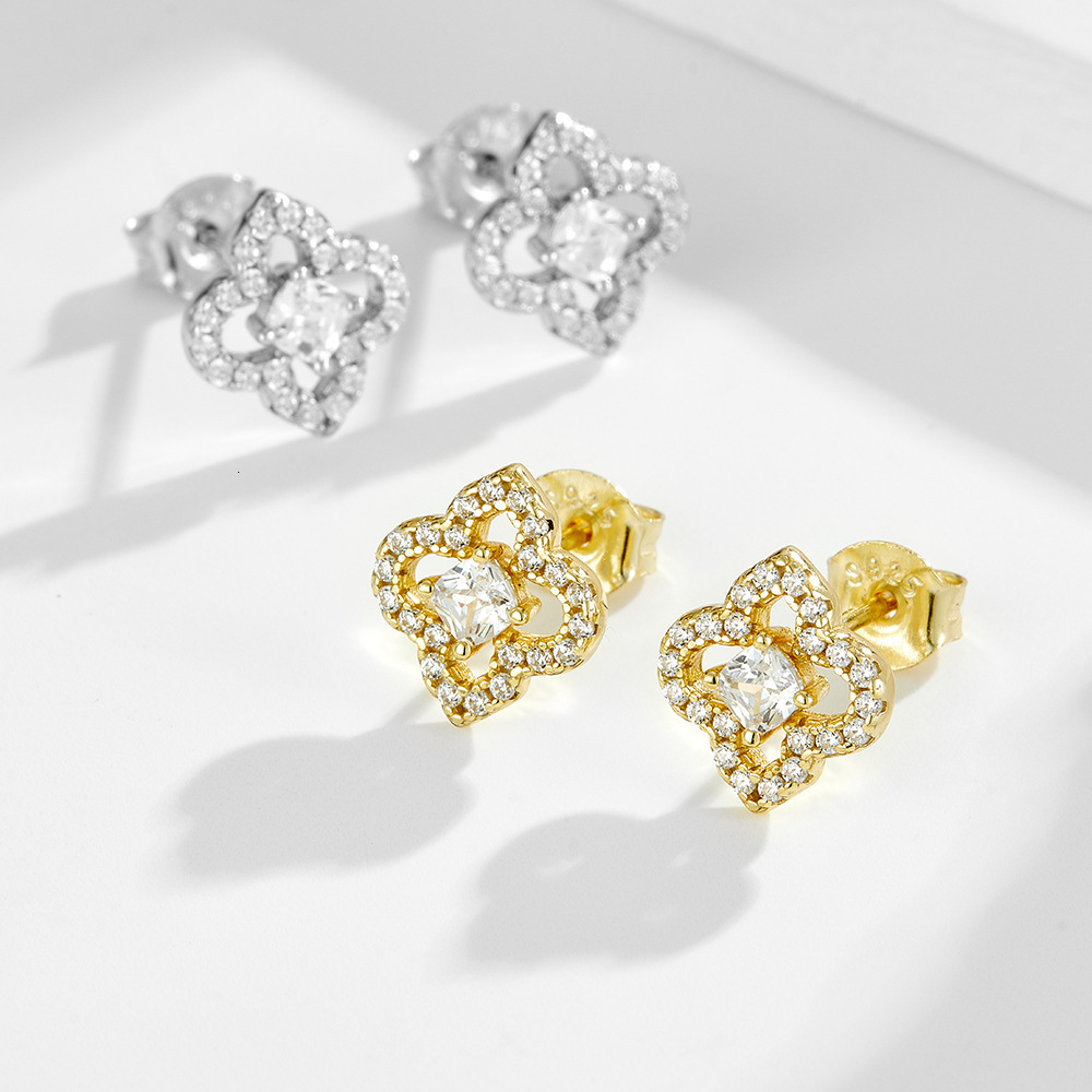 s925 sterling silver four-leaf clover diamond-studded for women, light luxury ins style versatile hollow zircon earrings