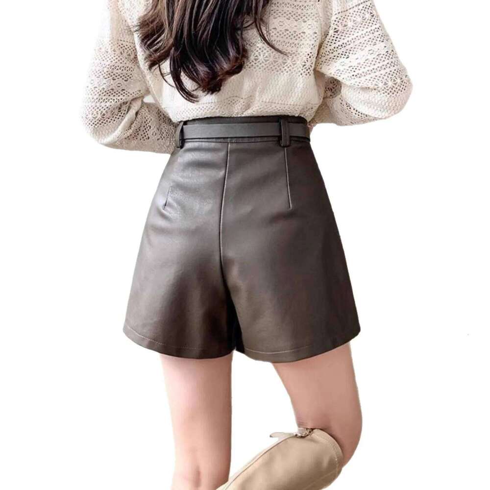 High Waist PU Leather Shorts Women's Autumn Winter New Style A- Line Straight Leg Casual Korean Version Boot Pants XJ260206