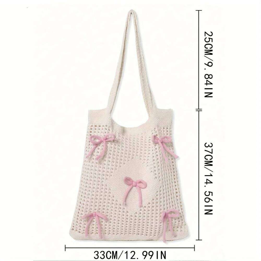 Preppy Style Crochet Tote with Butterfly Accents, Solid Color Polyester Shoulder Bag, Foldable Fashion Beach Bag Y260205