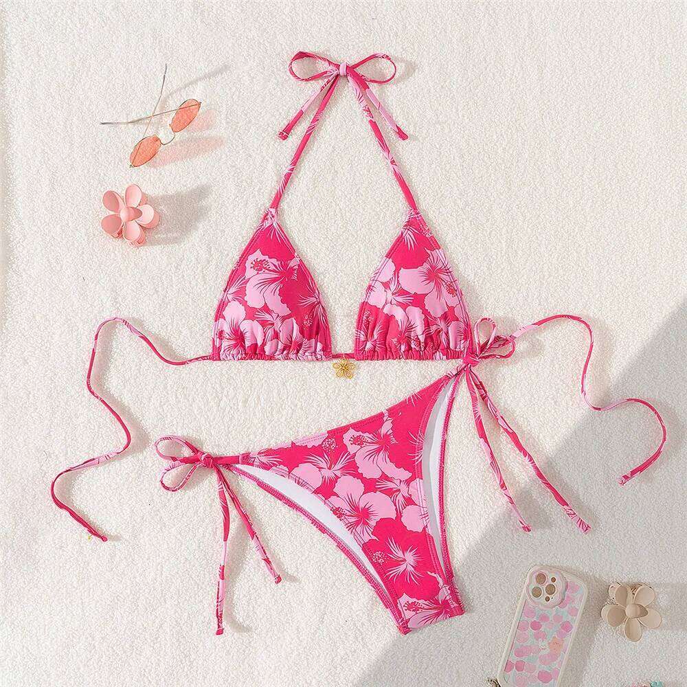 Sexy Rose Red Flower Print Micro Thong Bikini Women Swimwear 2026 String Halter Swimsuit Swimming Wear Triangle Bikinis Sets Z260206