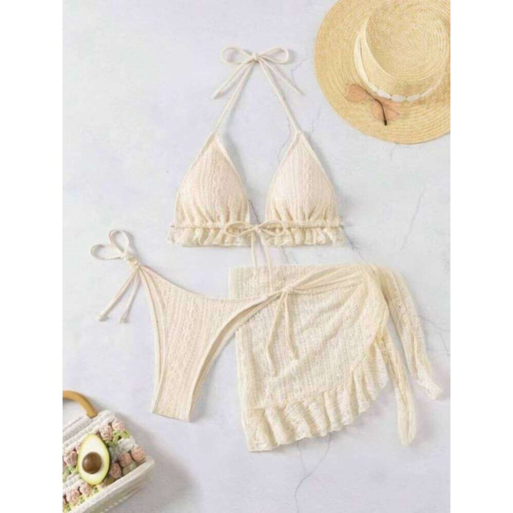 2025 Women Sexy Halter Bikini 3 Piece Set Solid Milky White Swimsuit With Mesh Cover Ups Beach Vacation Brazilian Bathing Suit Z260206