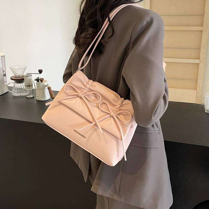 Ruched Bow Fashion Pu Shoulder Bags Solid Thread Hasp Zipper Handbag 2024 Hot Sale High Quality Women's Bag Bolsos De Seora Y260205
