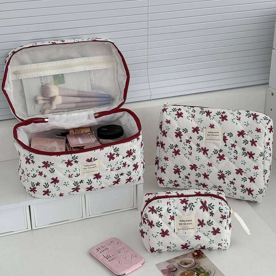 Fashion Red Floral Tote Women's Large Capacity Cosmetic Storage Handbag Ladies Corduroy Pouch Makeup Clutch Bag Y260206
