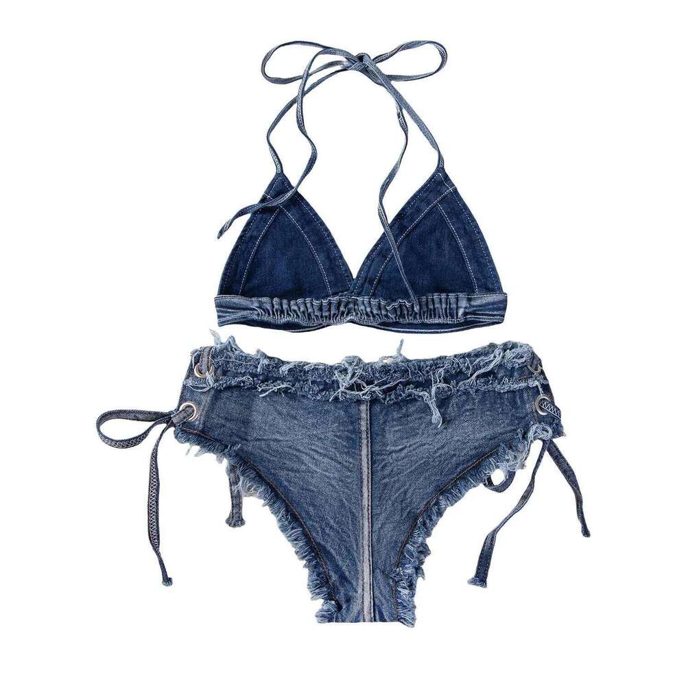 DEKA Brazilian Denim Bathing Suit Women Suits Bikini Set Lace Up Drawstring Beachwear Solid Summer Vintage Two-pieces Swimwear XJ260206