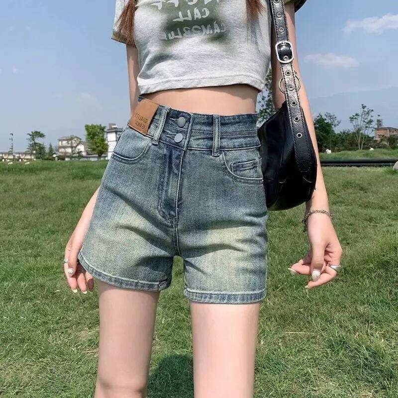 Women's Summer Double Button Denim High Waist Slimming Design A-line Jeans Shorts C260206