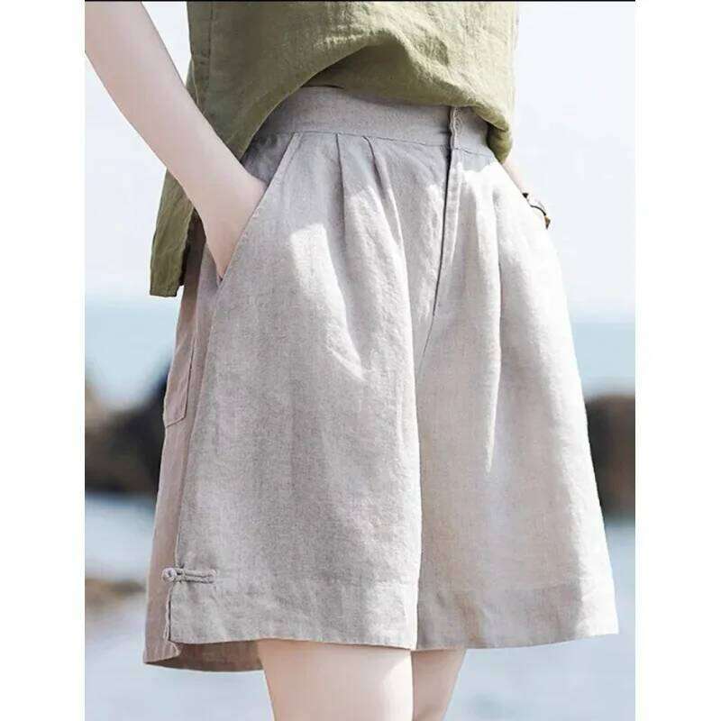 High Waist Cotton Linen Women's Shorts Summer New Style Loose Wide Leg Five-Point Pants Outerwear Casual Trousers XJ260206