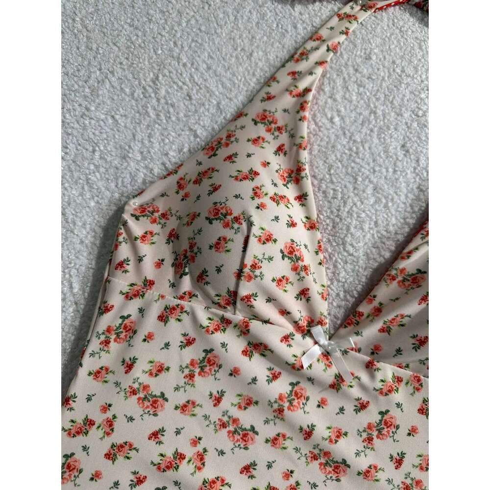 2025 Floral Halter Bikini Women's Sexy Backless Swimwear with Tie Detail Summer Strappy Two Piece Bathing Suit Holiday Z260206