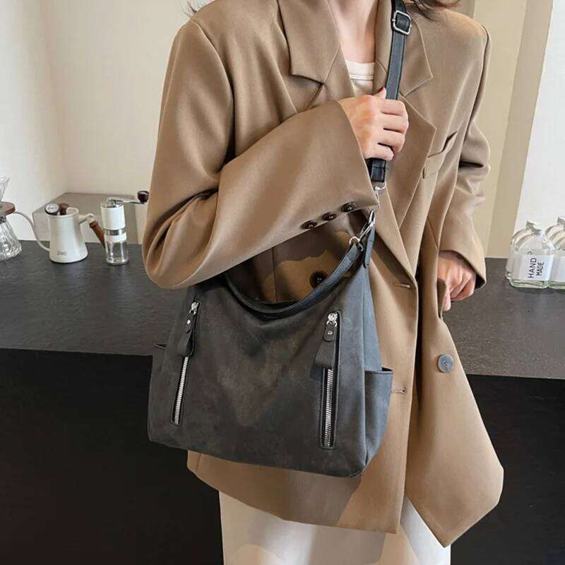 Vintage Frosted PU Leather Shoulder Bag Daily Used, Double Zipper Casual Tote Women's Crossbody Bags For Commuting Y260205