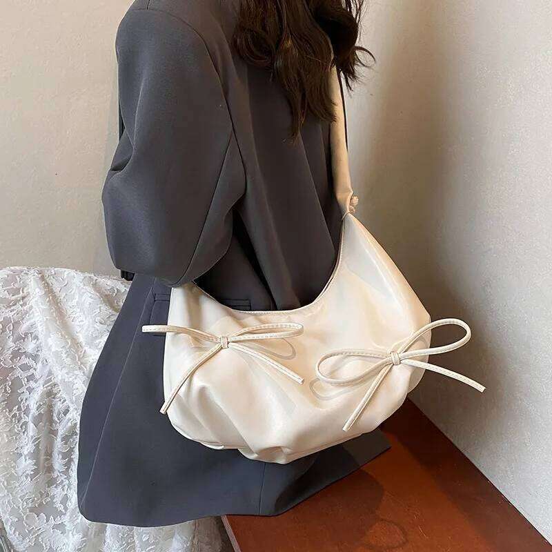 INS Simplicity Korean Sweet Hobo for Student Girl Solid Color Bow Ribbon Shoulder Large Capacity Commuter Storage Bag Y260205