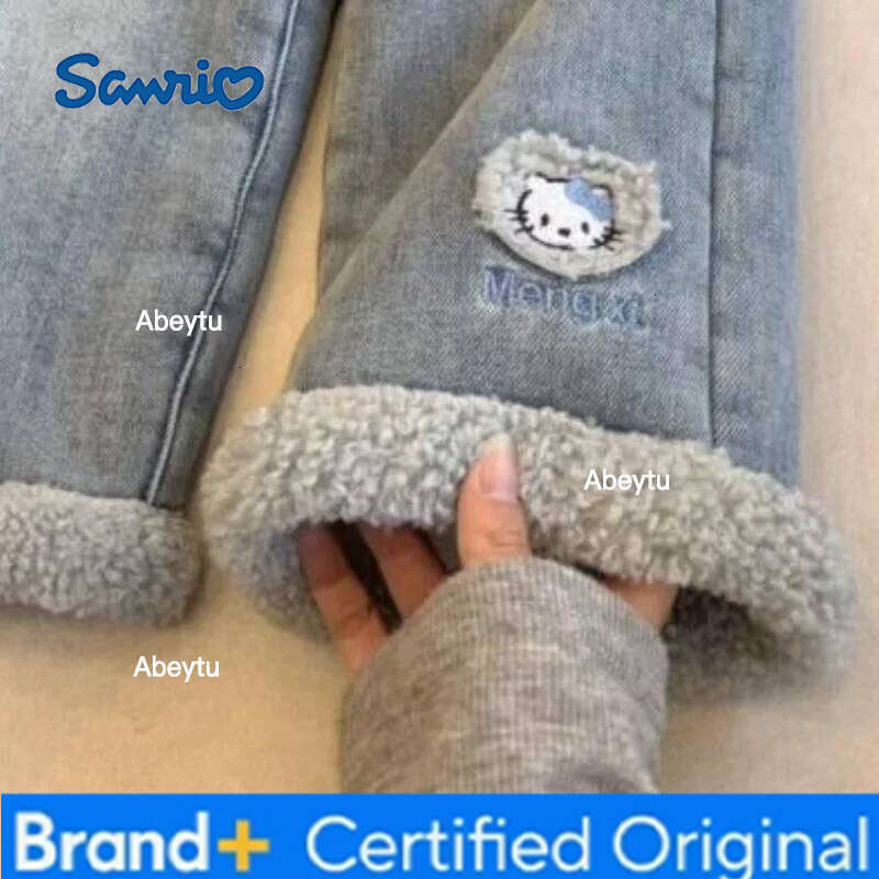 Sanrio Hello Kitty Alpaca Wool Fleece Lined Jeans for Girls and Children Autumn Winter Korean Style Sweet Fashion Denim Pants H260206