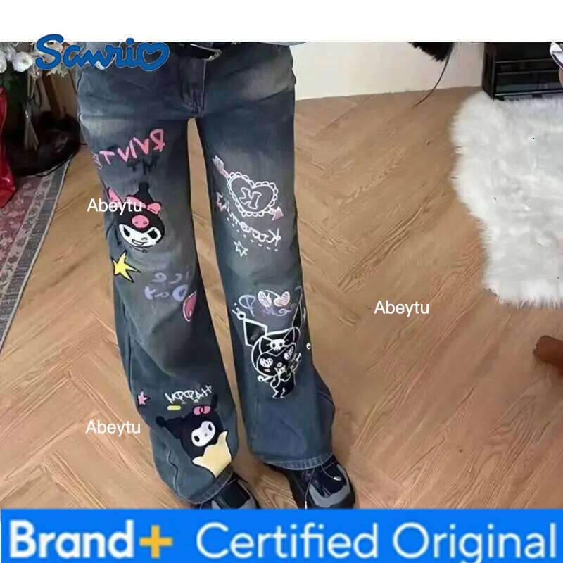 Sanrio s Kawaii Jeans Kuromi Student Trousers Versatile Loose Wide Leg Pants Sweet New Style Simple Trendy Print High End Gifts H260206
