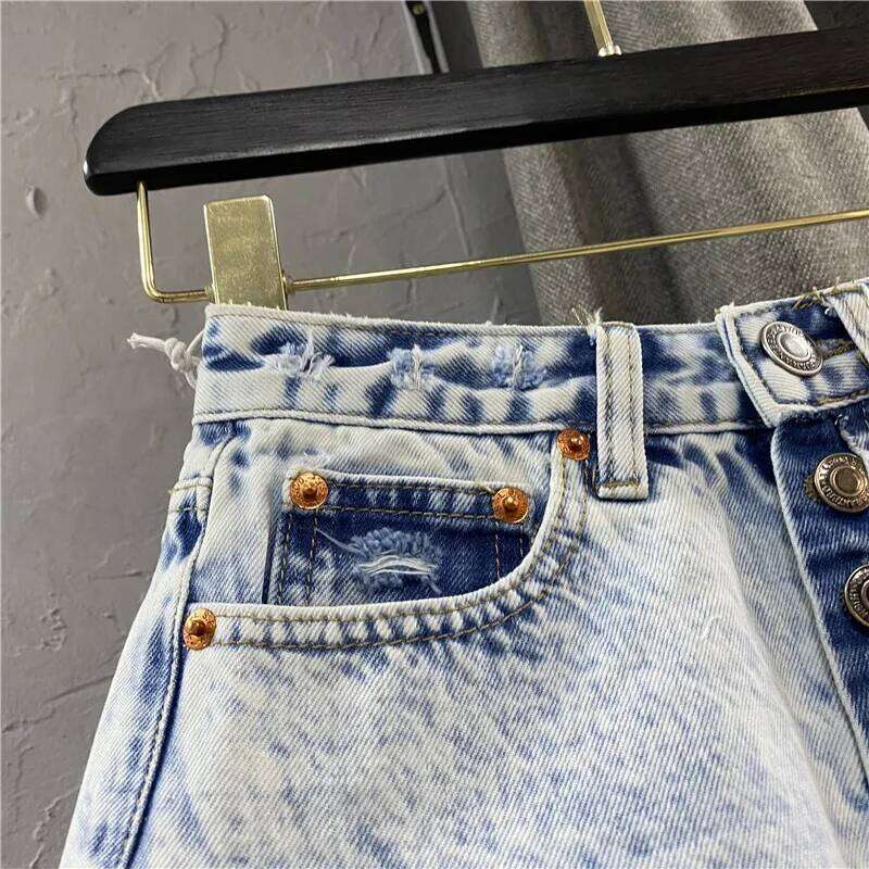 Women's Ripped Mid Rise Summer Button Tassel Single-breasted Wide-leg Denim Shorts Jeans Streetwear C260206