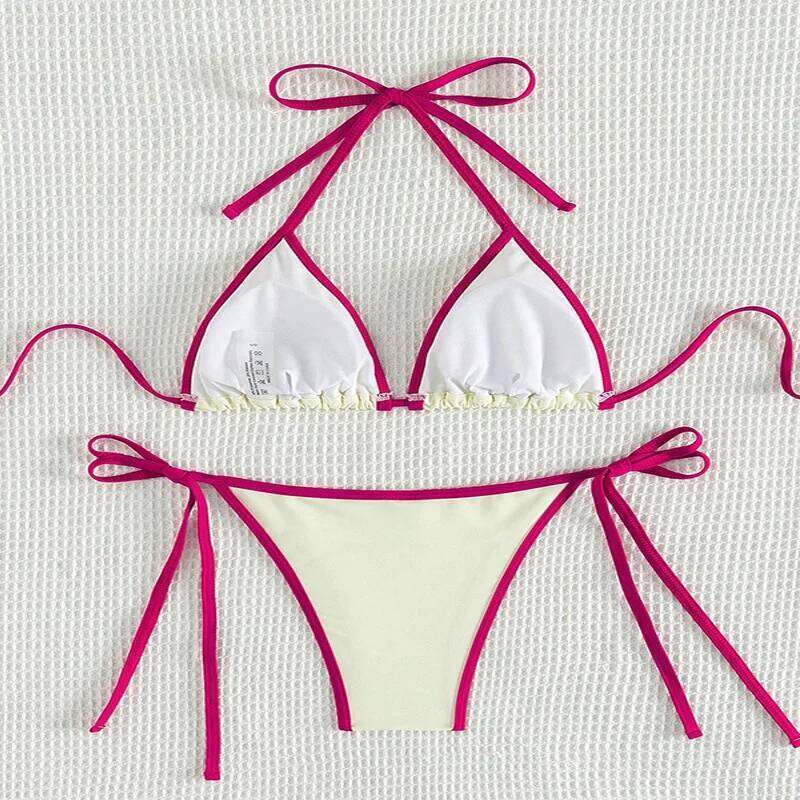 Yiiciovy Sexy Halter Bikini Set Women's 2 Piece Swimsuits Summer Contrast Line Triangle Thong Swimwear Brazilian Bathing Suits Z260206