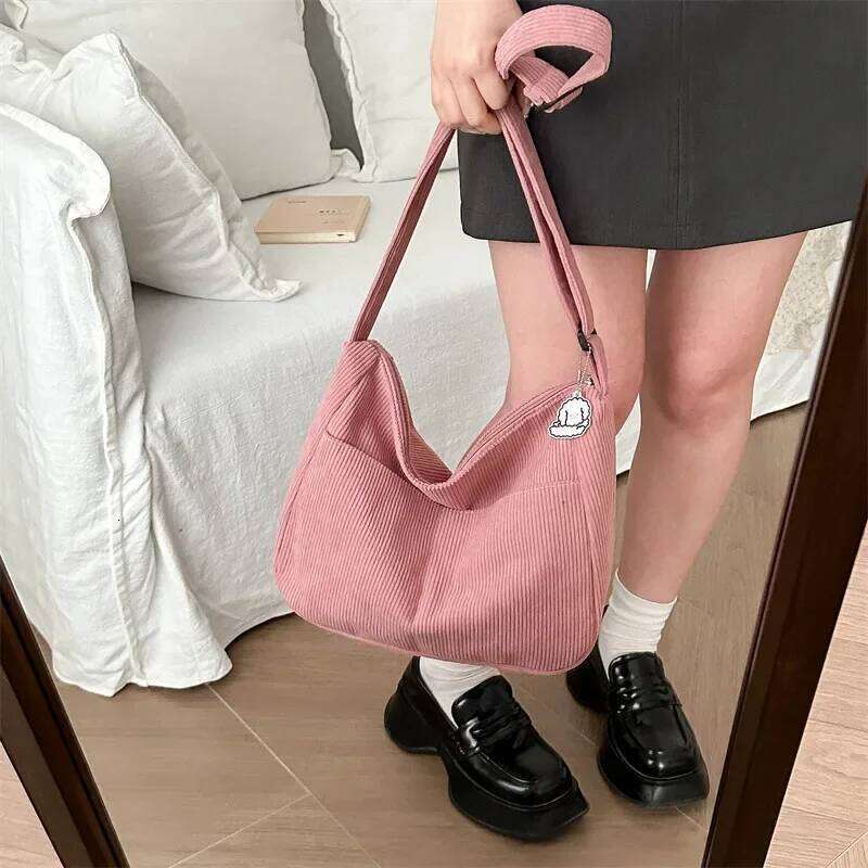 Womens Corduroy Shoulder Bag, Casual Striped Large Capacity Tote with Zipper Closure, Cute Hat Patch, Perfect for Everyday Use XJ260129