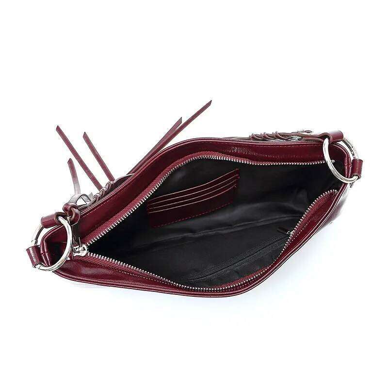 Designer Tassel Rope Strap Metal Studded Shoulder Bag,Vintage Burgundy Women Handbag,Elegant Rivet Commuter Everyday Chic Purse Y260205