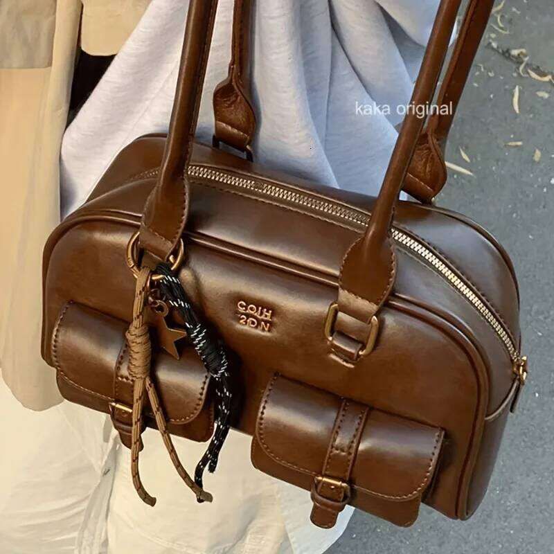 Stylish Shoulder Bag with Multiple Pockets, Golden-Tone Hardware & Letter Print Design Handbags for Women Travel, Work, Outings Y260205