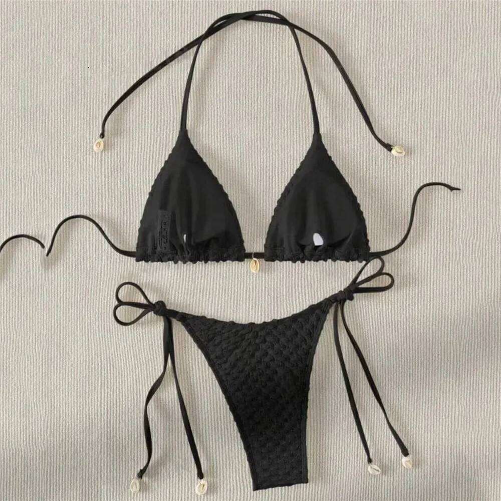 White String Micro Bikini Thong Sexy Swimsuit Women 2025 Shell Decorate Swimwear Bathing Suit Halter Triangle Bikinis Sets Mujer Z260206