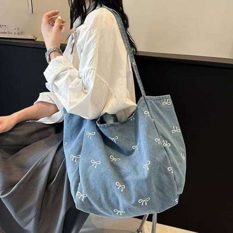 Cowboy Canvas Bag Ladies' Bow Versatile Tote Bags Large Capacity Casual Shoulder Handbag Travel Shopping Vacation Free Shiping Y260205