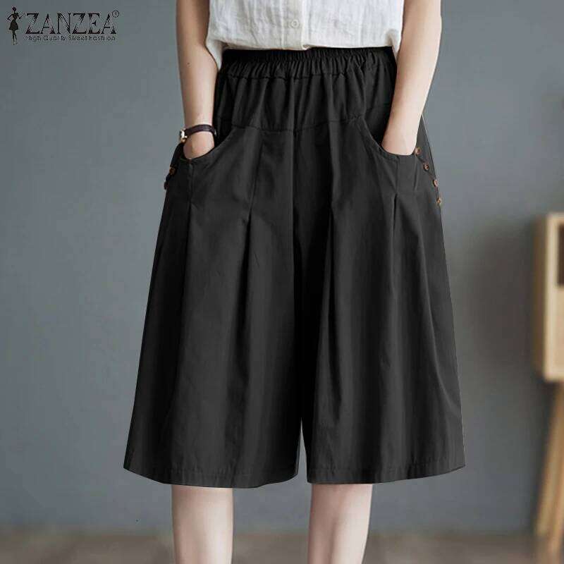 ZANZEA 2025 Summer Women Solid Half Shorts Fashion Elastic Waisted Button Short Pants Casual Pocket Overalls Korean Bottoms XJ260206