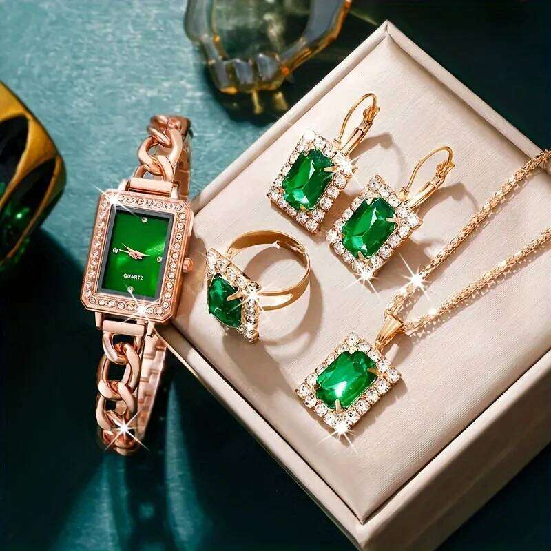 1/5PCS Elegant Women Quartz Watch Earrings Necklace Ring Set Fashion Rectangle Dia Bracelet Band Ladies WristwatchWithout Box Z260206