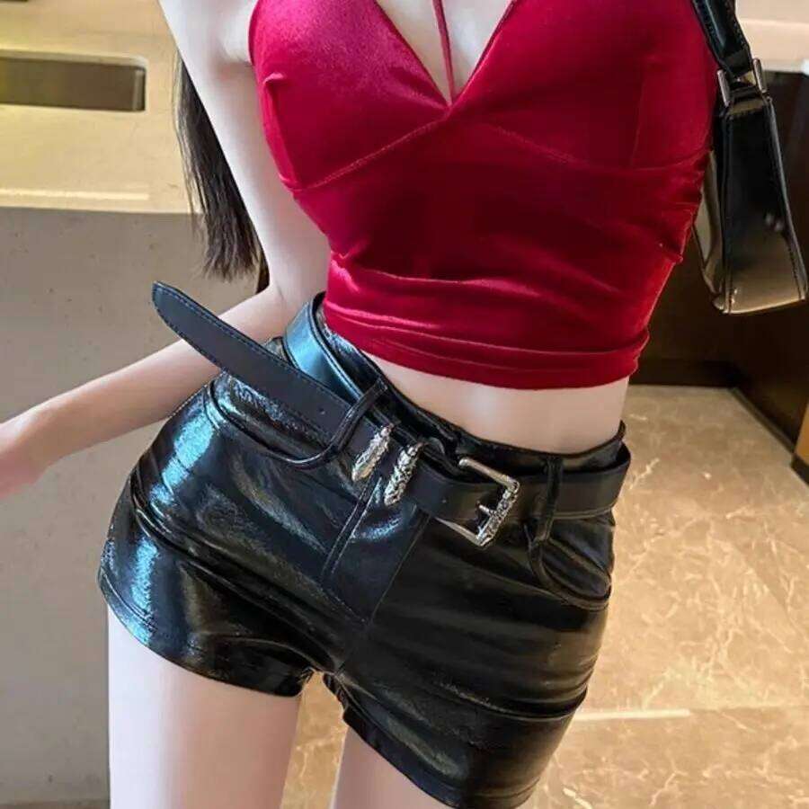 American Style Hottie Black Skin Casual Women Spring Bright Surface High Waist Tight Fitting Hip Sashes Comfortable Shorts H260206