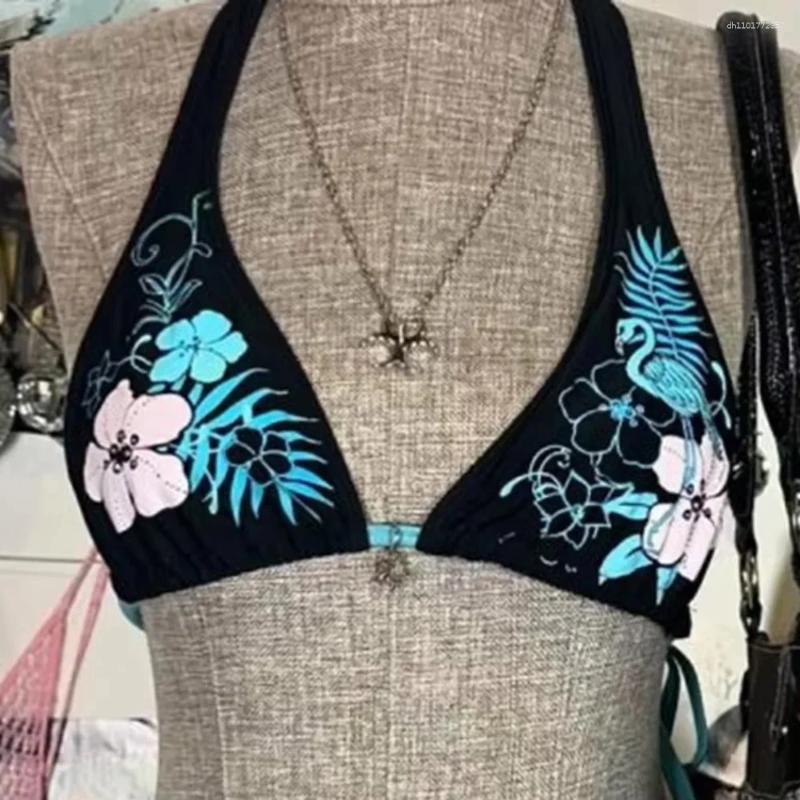 Women's Swimwear Summer Y2k Retro Punk Style Sexy Spicy Girl Flower Print Bikini Split Two-piece Seaside Beach Vacation Swimsuit Set