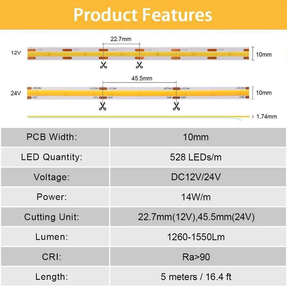 Dimmable COB Strip Light 528LEDs/m 16.4ft Flexible RA90 LED Tape 3000K 4000K 6500K Led Lighting 12V 24V For Room Decoration Z260206