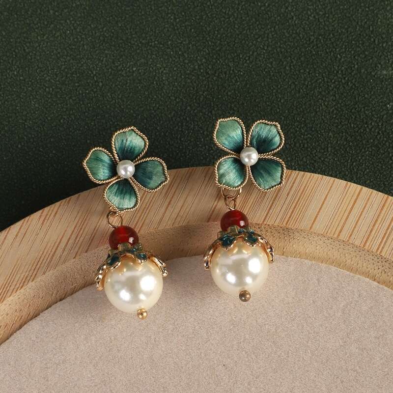 Silk Velvet Flower White Pearl Daily Versatile Cheongsam Dress Earrings Jewelry