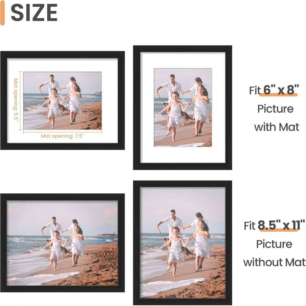 By Picture Frame, Display Pictures 6x8 with Mat or 8.5 x 11 Without, Wall Hanging Photo Frames, Black, 1 Pack S260205