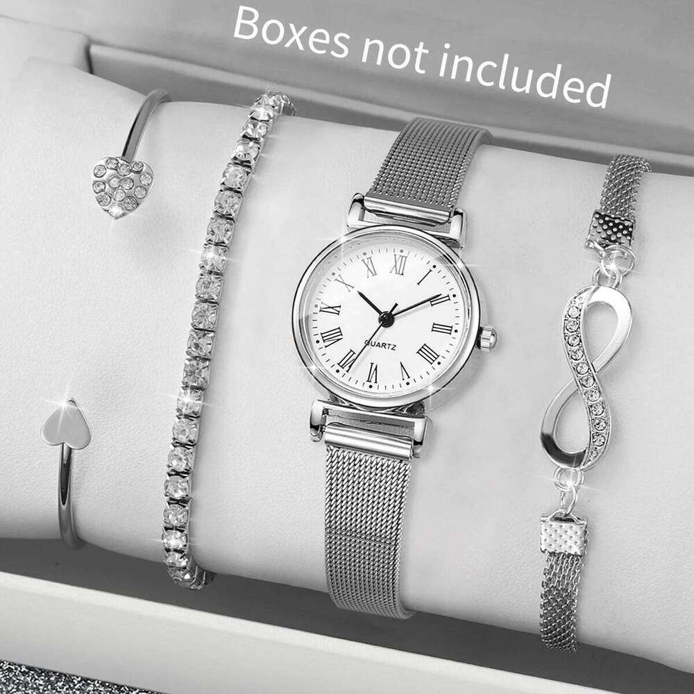 4PCS Fashion Women Watch Diamond Bracelets Set Simple Mesh Band Ladies Quartz Wristwatch Reloj Mujer Girls Clock Without Box Z260206