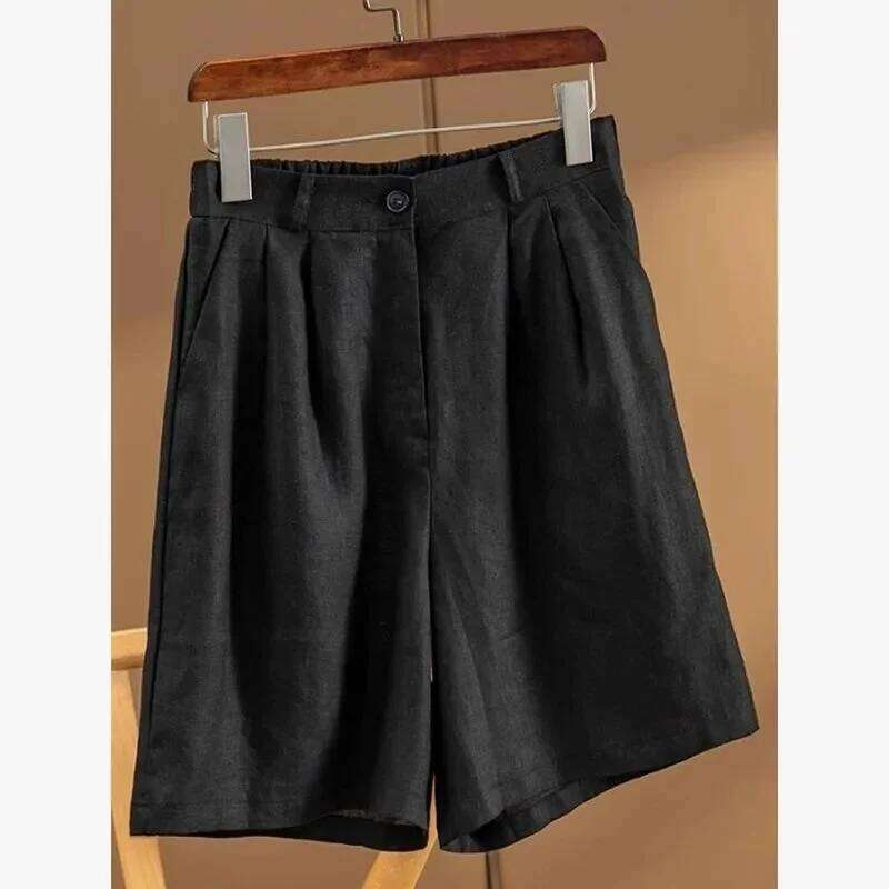 Khaki Solid Casual Linen Cotton Elastic High Waist Wide Leg Button Loose Women's Korean Fashion Summer Shorts Women XJ260206