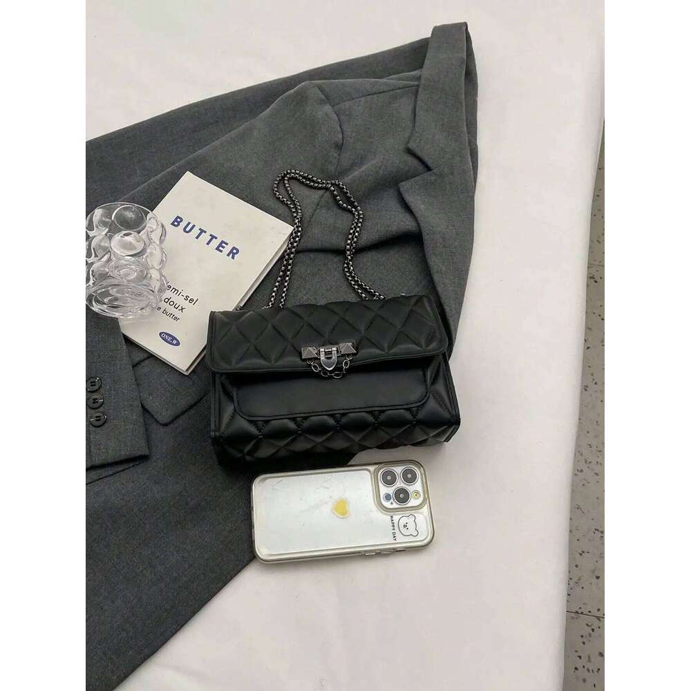 Fashionable Embossed Square Crossbody Diamond Pattern Metal Handbag All-Match Quilted Chain Bag Women's Classic Purse Y260205