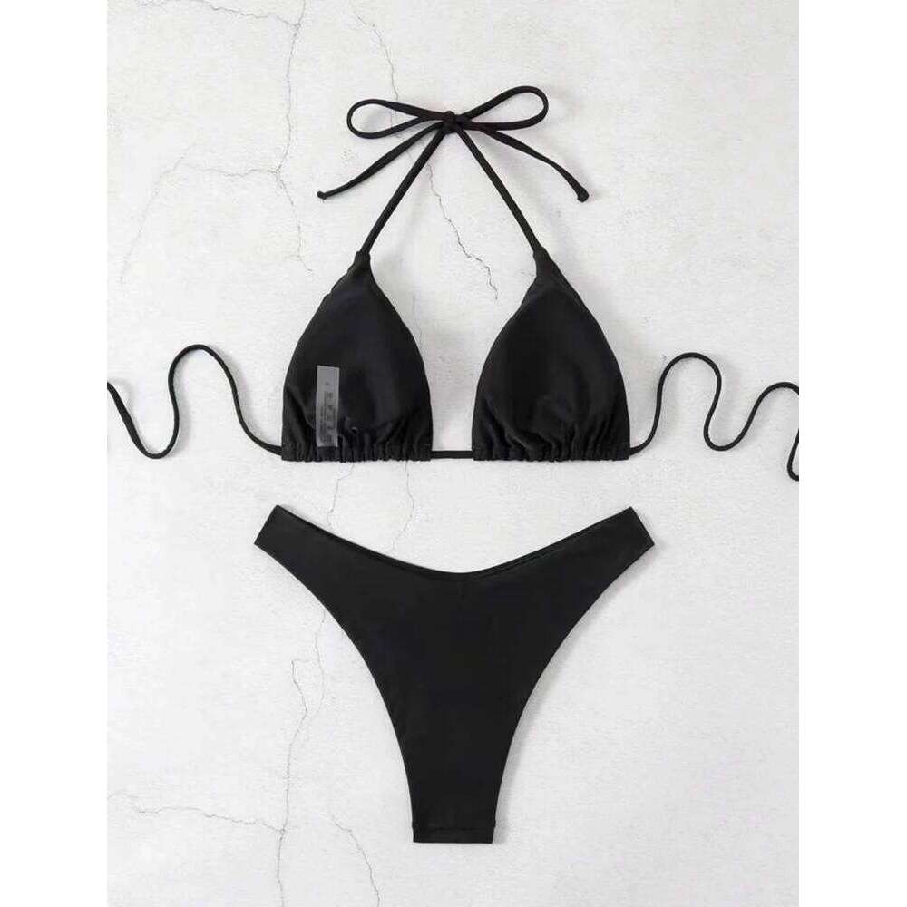 2025 New Set Women Sexy Simple Solid White/Black/Coffee Halter Bikini Swimsuit Lace Up Brazilian Beach Bathing Suit Z260206