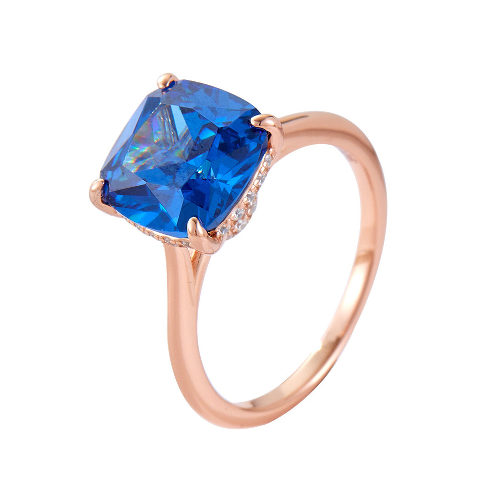 Blue pillow-shaped 10*10 zircon sterling silver rose gold plated for women, luxury colored gemstone quality ring jewelry