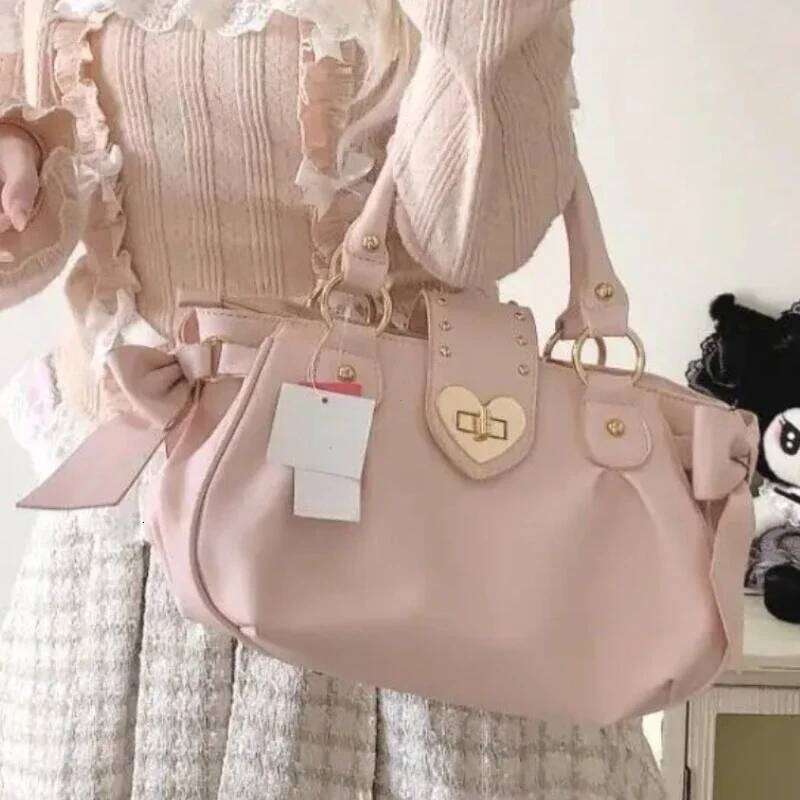 Kawaii Bow Lolita Pink Shoulder Bag Japanese Style Sweet Love Heart Crossbody Bags for Women Cute Large Capacity Handbags Girl Y260205