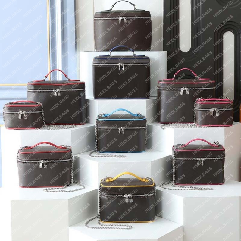 Nice BB Makeup Bag Designer Leather 3 Size Cosmetic Case Women Travelling Vanity Bags Cross Body Toilet Storage Pouch Long Strap Chain Make Up Bags