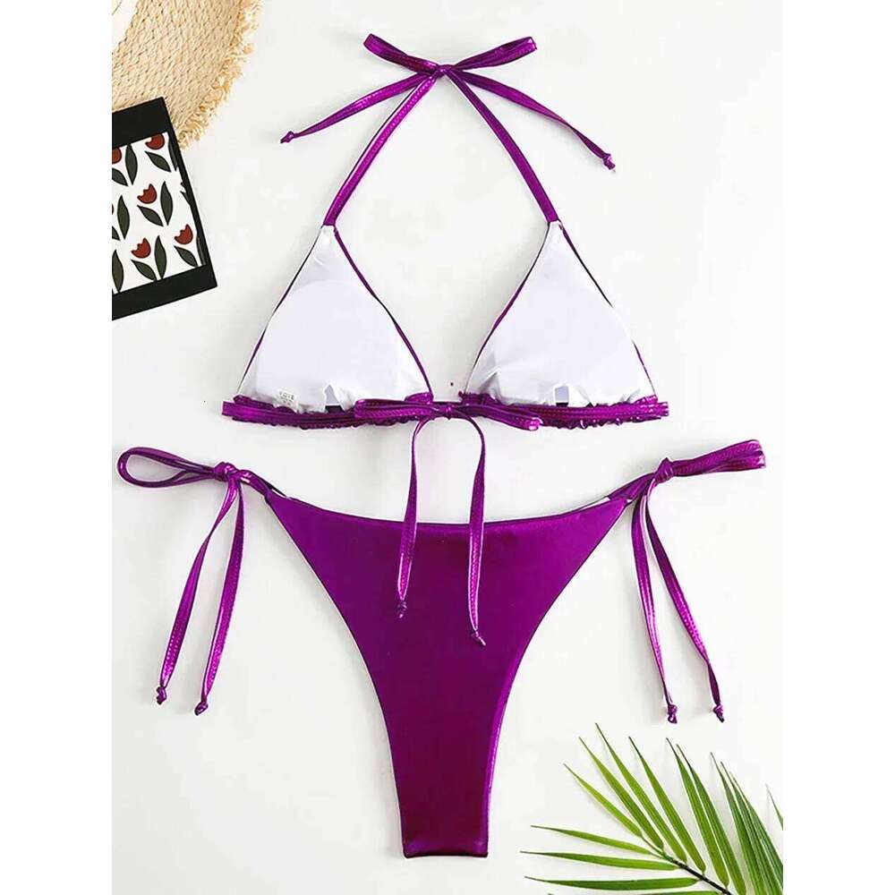 Sexy Metallic Halter Bikinis Sets Lace Up Triangle Tie Side Bikini 2024 Swimsuit Women Swimwear Brazilian Female Bathing Suits Z260206